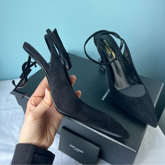 NEW | SAINT LAURENT Opyum Suede Pointed Toe Black Sling Back Heels sz. 37.5 - Picture 6 of 10